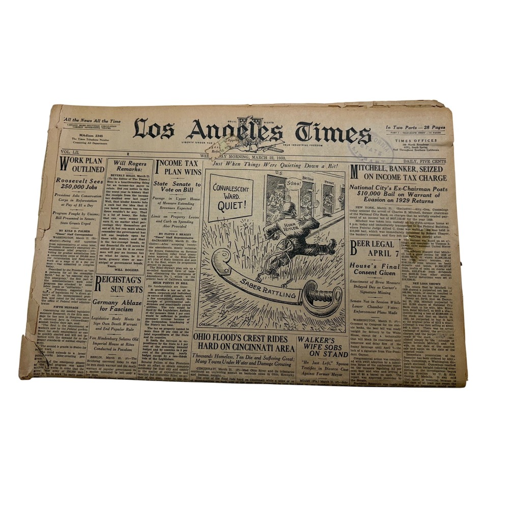 Vintage Los Angeles Times Newspaper March 22 1933 Hitler Roosevelt New Deal WWII